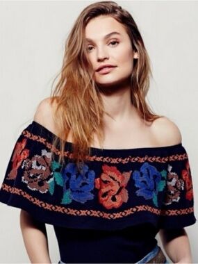 Free People Navy Off-Shoulder Floral Knit Top